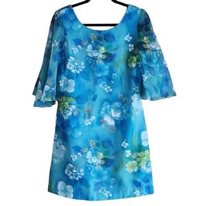 Vintage Andrade Womens Dress Size 10 12 Blue Floral Hawaii Flutter Sleeves